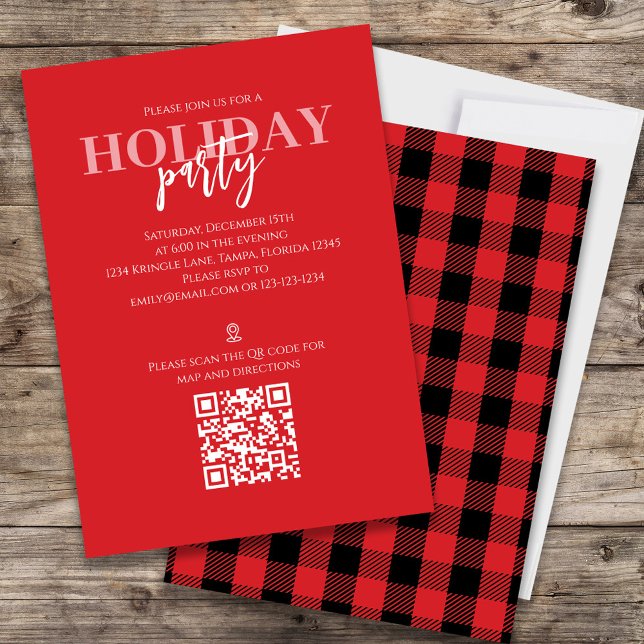 Convites Mapa de Código QR Rústico de Férias de Natal com X (Holiday red and black buffalo check patterned invitation with a QR code and map icon.)