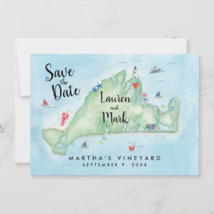 Convites Mapa de Martha's Vineyard em Aquarela Salve a Data