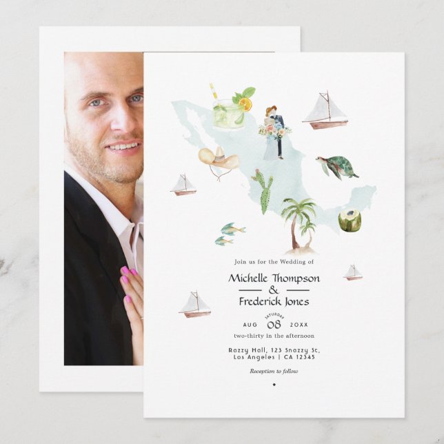 Convites Mapa de México aquarela Fotografia de casamento no (Frente/Verso)