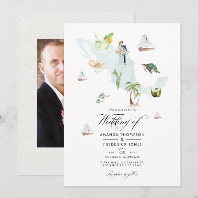 Convites Mapa de México aquarela Fotografia de casamento no (Frente/Verso)