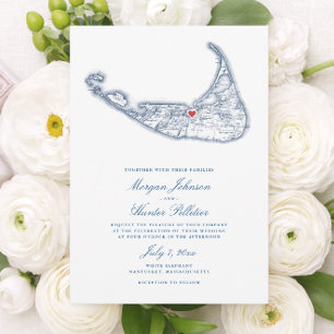 Convites Mapa de Nantucket MA Elegante Casamento Azul Marin