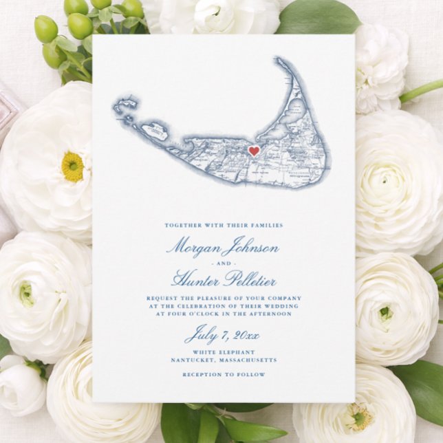 Convites Mapa de Nantucket MA Elegante Casamento Azul Marin (Nantucket Wedding Invitation for a White Elephant Wedding in elegant navy blue by Coastal Map Design)