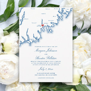 Convites Mapa de New Bedford MA Elegante Casamento Azul Mar