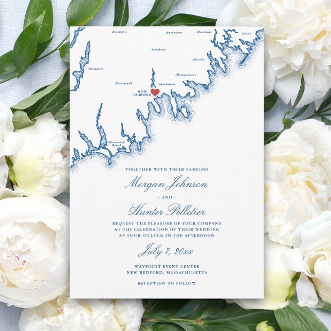 Convites Mapa de New Bedford MA Elegante Casamento Azul Mar (New Bedford MA Wedding Invitation in Elegant Navy Blue by Coastal Map Designs)
