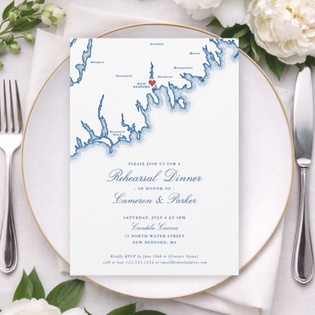 Convites Mapa de New Bedford MA Jantar de Rehearsal de Casa (New Bedford Candela Cucina Wedding  Rehearsal Dinner Invitation in Navy Blue by Coastal Map Designs)