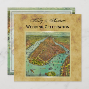 Convites Mapa de Nova Iorque antigo desapontado BG SQ Casam