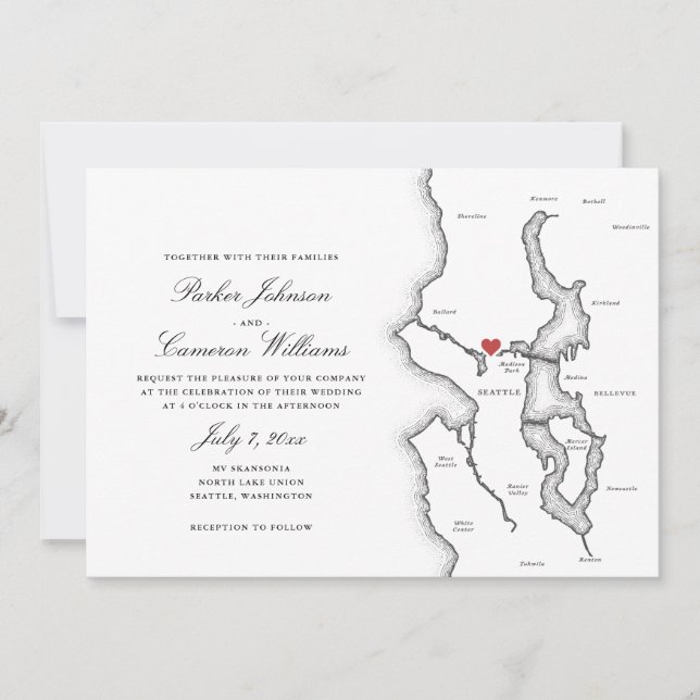 Convites Mapa de Seattle Washington Elegante Casamento Pret (Frente)