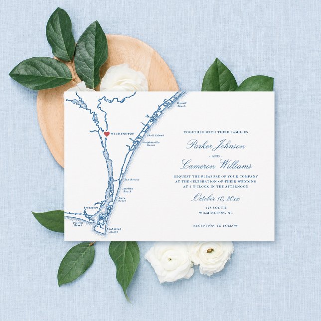 Convites Mapa de Wilmington NC Elegante Casamento Azul Mari (128 South Wedding Invitation Wilmington NC Map in elegant navy blue by Coastal Map Designs)