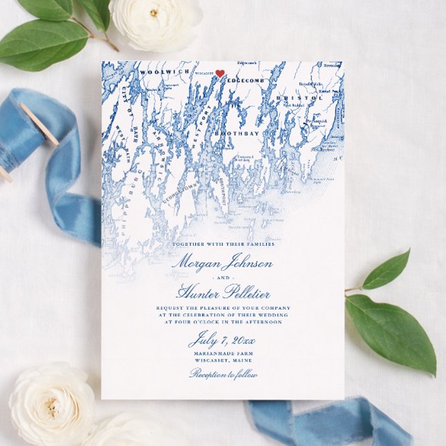Convites Mapa do Casamento na Marianmade Farm Wiscasset Mai (Marianmade Farm Wedding Wiscasset Maine Map Invitation in elegant navy blue by Coastal Map Designs)