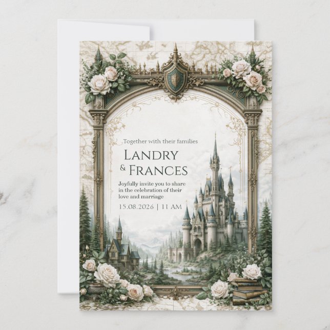 Convites Mapa do Castelo Ivory Rose Casamento (Frente)