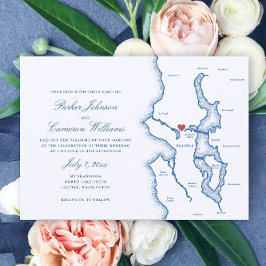 Convites Mapa do Lago Washington de Seattle Elegante Casame