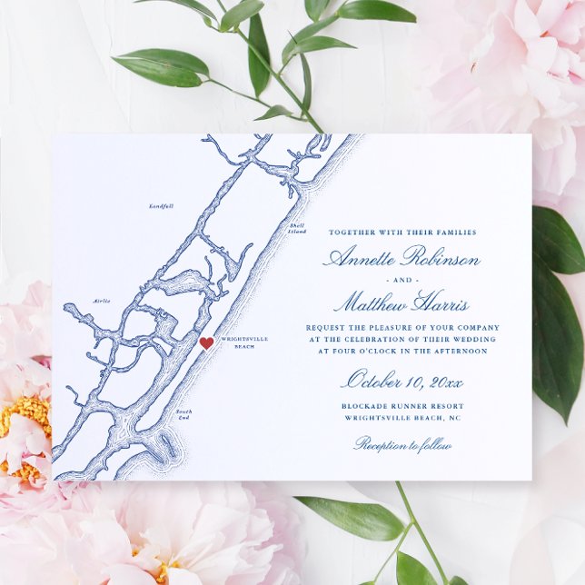 Convites Mapa Elegante Wrightsville Beach NC Casamento (Elegant Wrightsville Beach NC Wedding Invitation with navy blue Map from Coastal Map Designs)