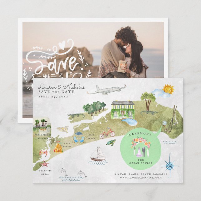 Convites Mapa Itinerário do Casamento da Ilha de Kiawah (Frente/Verso)