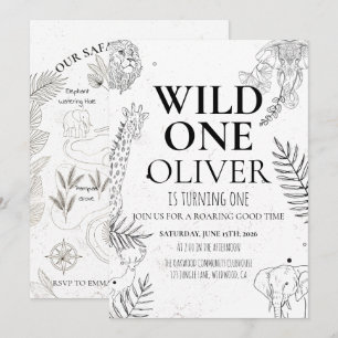 Convites Mapa Minimal Safari Wild One de 1º Aniversário