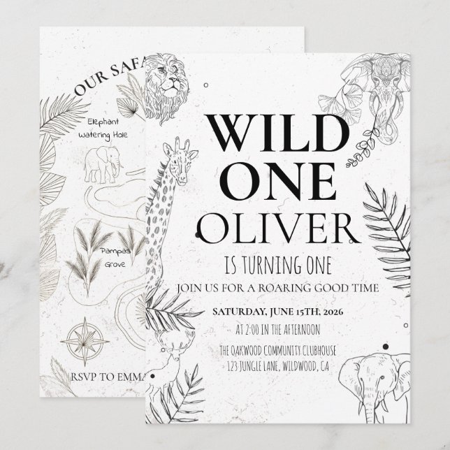 Convites Mapa Minimal Safari Wild One de 1º Aniversário (Frente/Verso)