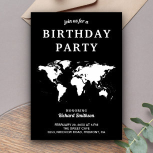 Convites Mapa Mundi Preto e Branco Festa de Aniversário