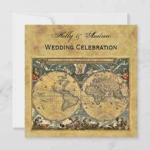 Convites Mapa Mundial Antiquado, Casamento com o BG SQ em D