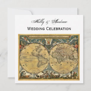 Convites Mapa Mundial Antiquado, Casamento SQ Branco
