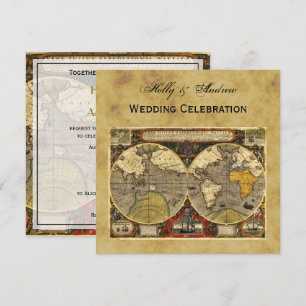 Convites Mapa Mundial Antiquado nº 2, Casamento SQ em BG em