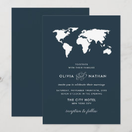 Convites Mapa Mundial Azul Escuro | Viagem Elegante Casamen