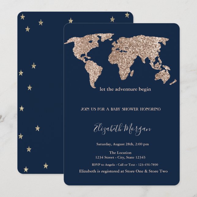 Convites Mapa Mundial Brilhante Estrelas Chá de Bebê (Frente/Verso)