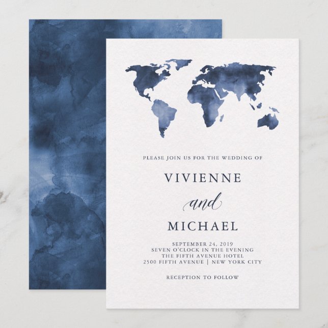 Convites Mapa Mundial da Cor da Água Azul | Casamento (Frente/Verso)