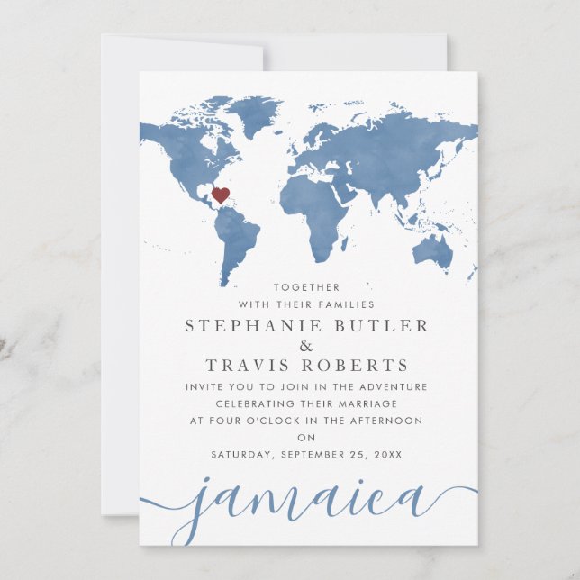 Convites Mapa Mundial de Aquarela Azul Casamento de Destino (Frente)