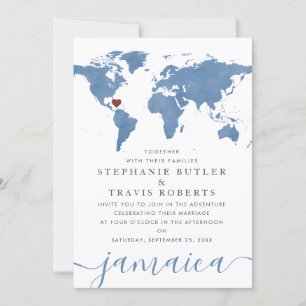 Convites Mapa Mundial de Aquarela Azul Casamento de Destino