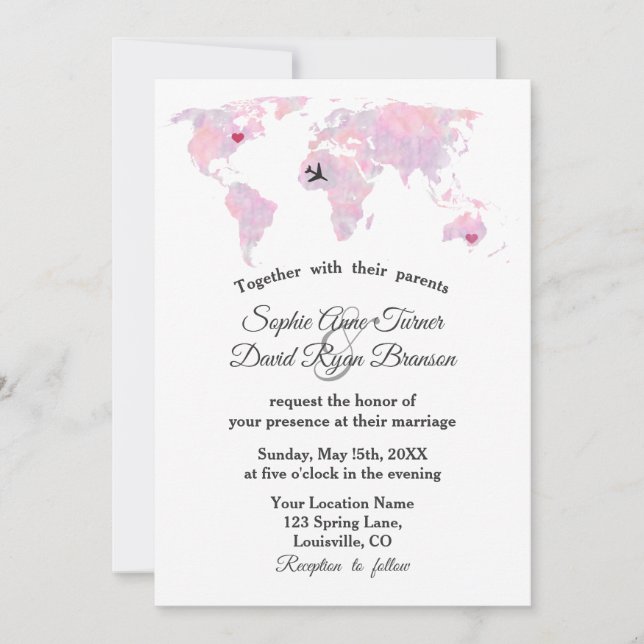 Convites Mapa Mundial de Aquarela de Destino Personalizado (Frente)