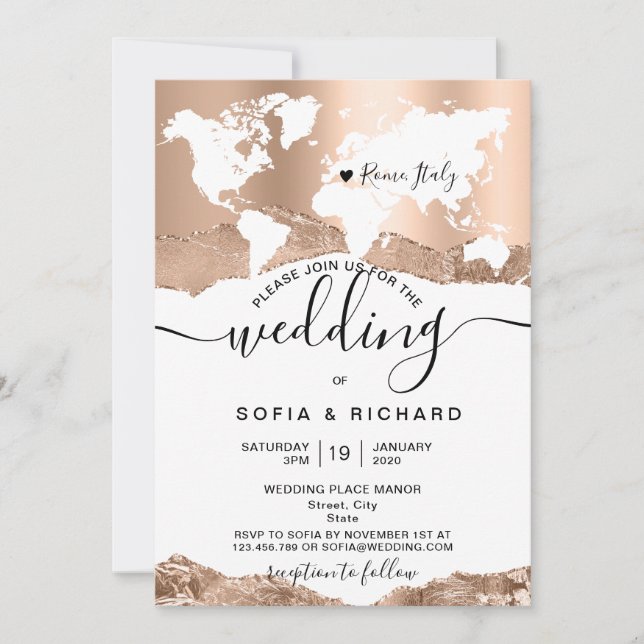 Convites Mapa Mundial de Casamento de Destino Rose Gold (Frente)