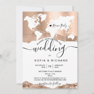 Convites Mapa Mundial de Casamento de Destino Rose Gold