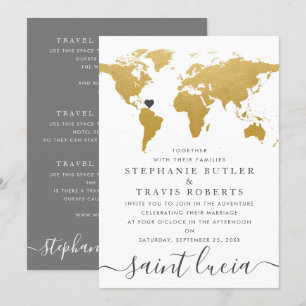 Convites Mapa Mundial de Casamento no Exterior Dourado Chic