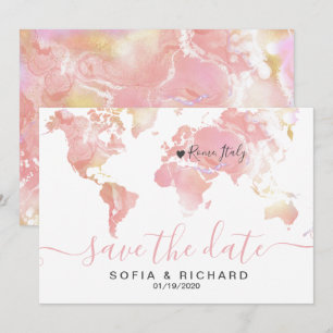 Convites Mapa Mundial de Destino de Casamento Coração Rosa 
