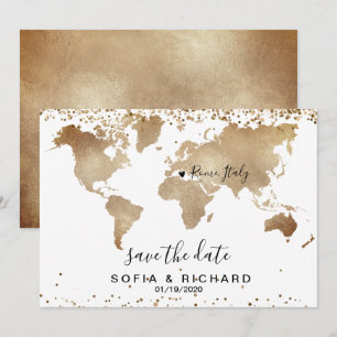 Convites Mapa Mundial de Destino de Casamento Dourado com C