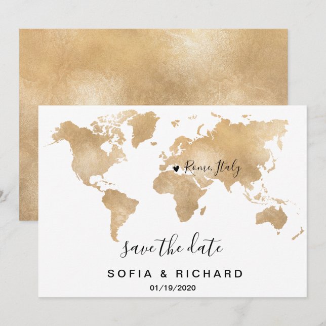 Convites Mapa Mundial de Destino de Casamento Dourado Coraç (Frente/Verso)