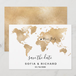 Convites Mapa Mundial de Destino de Casamento em Ouro com C