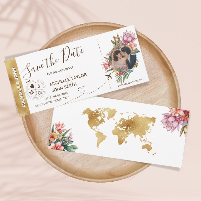 Convites Mapa Mundial de Passagem de Cartazes Florais Tropi (Tropical Floral Save The Date boarding pass ticket invitation with a circle photo)