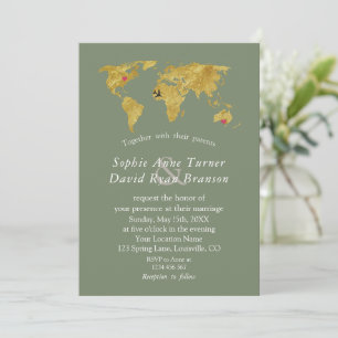 Convites Mapa Mundial Destino Casamento Sage Verde Dourado