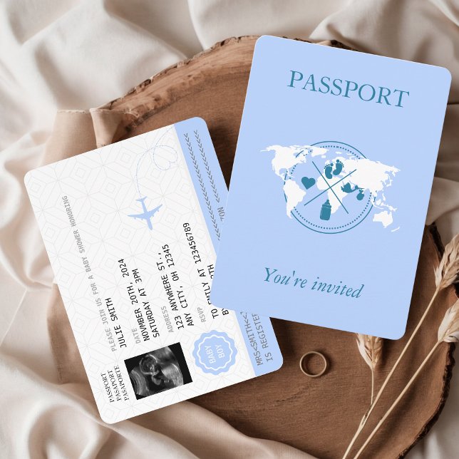 Convites Mapa Mundial do Chá de Bebê de Menino com Passport (Passport Baby Shower Invitation Baby Boy Blue Ultrasound Photo Aesthetic Travel Adventure Beigins)