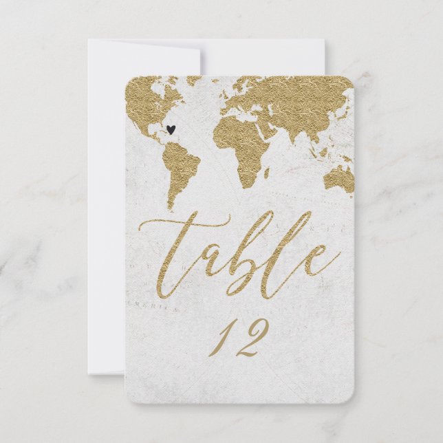Convites Mapa Mundial Dourado Número de Mesa Casamento no D (Frente)