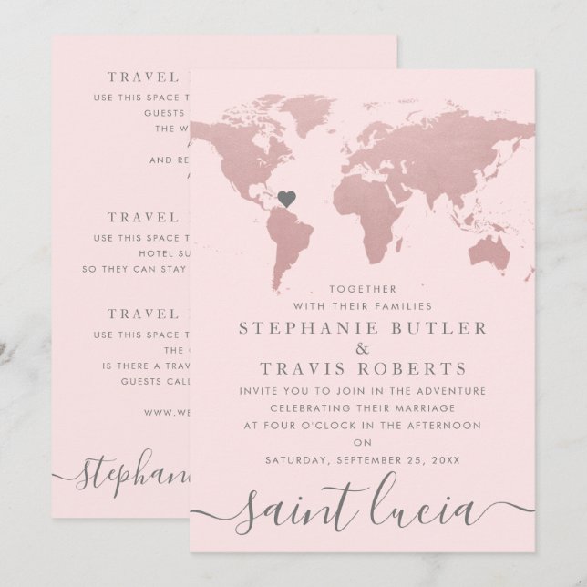 Convites Mapa Mundial Tema Casamento Viagem Tom Rosa Blush (Frente/Verso)