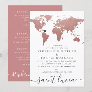 Convites Mapa Mundial Tema de Viagem Casamento Rose Gold