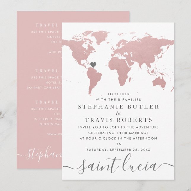 Convites Mapa Mundial Tema Viagem Casamento Rosa Rubor (Frente/Verso)