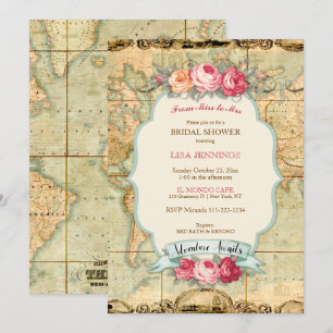 Convites Mapa Mundial Vintage Aventura Aguarda Rosas