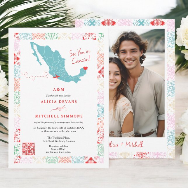 Convites Mapa tropical do México casamento de destino QR (Tropical Mexico map QR destination wedding Invitation)