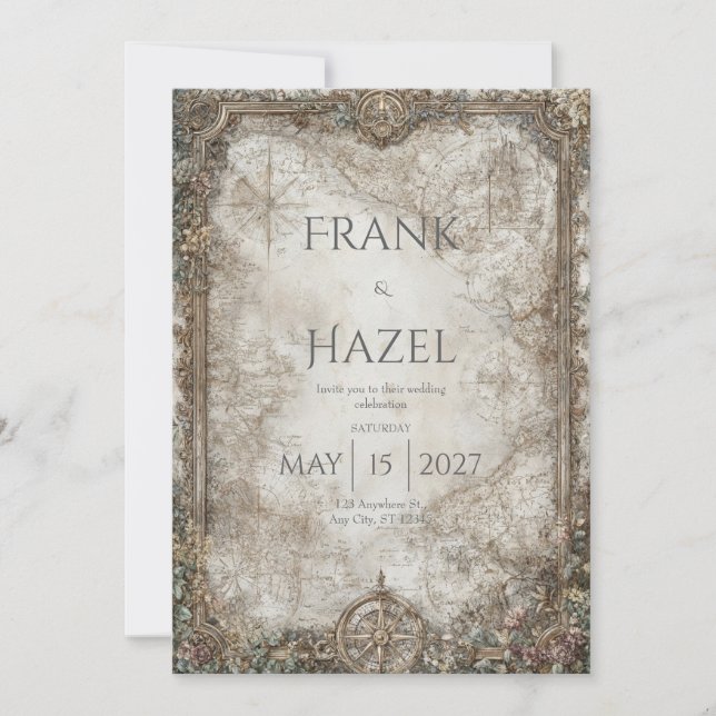Convites Mapa Vintage Luxo Barra Dourada Aventura Casamento (Frente)