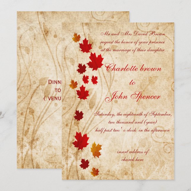 Convites Maple deixa casamento outono russo (Frente/Verso)