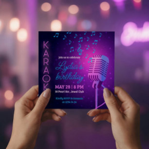 Convites Máquina de Karaokê de Aniversário Neon Microfone Q