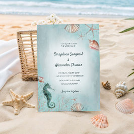 Convites Mar | Beach Blue Watercolor Seashells Casamento