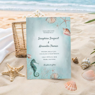 Convites Mar   Beach Blue Watercolor Seashells Casamento